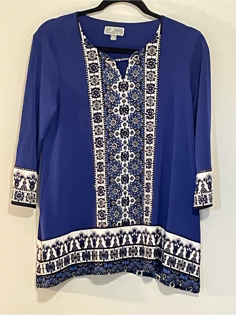JM Collection Royal Blue Printed Border V-Neck Tunic. Item # 11629